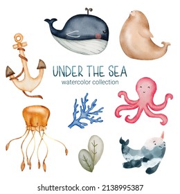 Marine Life Cute Element Animal Life In Under Sea World. Underwater Animal Creature And Fish, Squid, Whale, Walrus, Narwhal, Jellyfish, Algae, Coral, Anchor. Vector Cartoon Watercolor Illuration