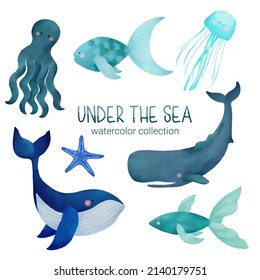 Marine Life Cute element Animal Life in under sea world. Underwater animal creature and fish, Octopus, Jellyfish, Whale, Starfish. Vector Cartoon watercolor illuration