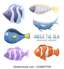 Vida marina Elemento Cute Vida animal en el mundo submarino. Criaturas animales submarinas y peces. Ilustración de la acuarela de la caricatura vectorial