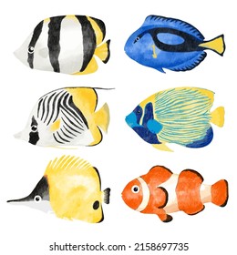 Marine Life Cute element Animal Life in under sea world. Underwater animal creature and fish. Vector Cartoon watercolor illustration