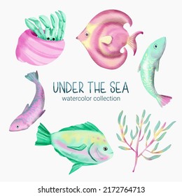 Marine Life Cute Element Animal Life In Under Sea World. Underwater Animal Creature, Starfish, Algae, Shellfish And Fish. Vector Cartoon Watercolor Illustration