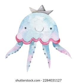 Marine Life Cute Element Animal Life in under sea world. Unterwasserfisch. Childish Cartoon Aquarell Illuration, Nerserie, Design, Dekoration