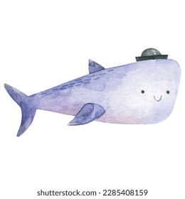 Marine Life Cute element Animal Life in under sea world. Underwater fish. Childish Cartoon watercolor illuration, nersery, design, decor