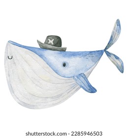 Marine Life Cute element Animal Life in under sea world. Underwater fish. Childish Cartoon watercolor illuration, nersery, design, decor