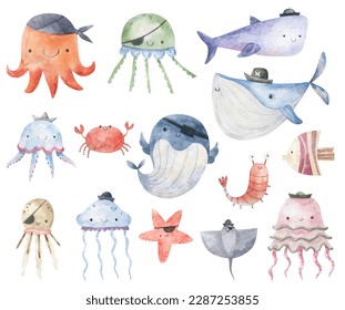 Marine Life Cute element Animal Life in under sea world. Underwater fish. Childish Cartoon watercolor illuration, nersery, design, decor