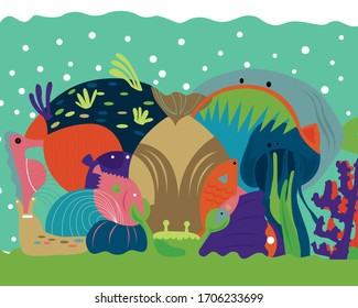 Marine Life, cute, kawaii, fish, jelly fish, sea, Underwater world, ocean, crab, Egg porch, snail, shellfish, water marine animals and plants