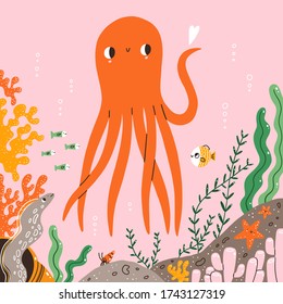 Marine life, cute octopus, fishes and corals, cartoon vector illustration