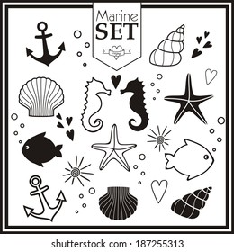 marine life cute set. black vector icons on white background.