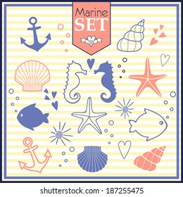 marine life cute set. vector icons on striped background.