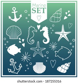 marine life cute set. white vector icons on underwater background.