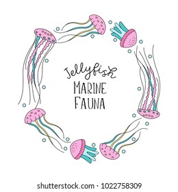 Marine life. Different jellyfish are arranged in a circle. Vector illustration. Isolated on a white background.