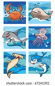 Marine life: dolphins, whale, sharks, crab and jellyfish against a backdrop of the sea waves, set of six cartoon pictures, vector illustration