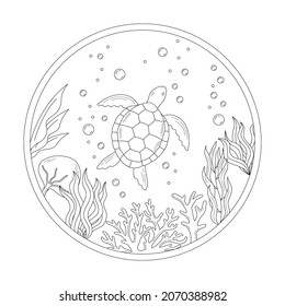 Marine life doodle line drawing or coloring book