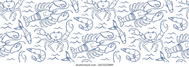 Vida marinha padrão de rabiscar com crustáceos caranguejo, camarão, lagosta. Fundo para embalagem de frutos do mar, marca de restaurante, têxtil, menu. Ilustração vetorial desenhada à mão em estilo náutico.