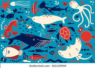 Marine life doodle set. Collection of hand drawn templates patterns of different sea and ocean fish sharks turtles octopus oyster. Animals in wildlife enviroment nature illustration.