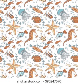 Marine life doodle vector seamless pattern