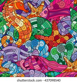 Marine life doodle vector seamless pattern. Colorful sea shell background