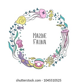 Marine life, fish, algae, jellyfish, squid, seahorse. Vector illustration arranged in a circle.