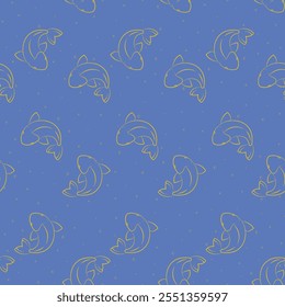 Marine life fish animal blue seamless pattern. Chinese koi fish underwater life