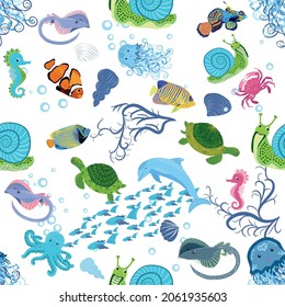 Marine life, fish, animals bright seamless pattern. sea travel, underwater diving animal tropical fish. Jellyfish, whale, shark, seahorse, clown fish, dolphin, turtle emperor fish octopus stingray