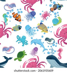 Marine life, fish, animals bright seamless pattern. sea travel, underwater diving animal tropical fish. Jellyfish, whale, shark, seahorse, clown fish, dolphin, turtle emperor fish octopus stingray