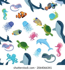 Marine life, fish, animals bright seamless pattern. sea travel, underwater diving animal tropical fish. Jellyfish, whale, shark, seahorse, clown fish, dolphin, turtle emperor fish octopus stingray
