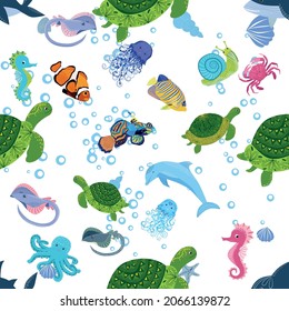 Marine life, fish, animals bright seamless pattern. sea travel, underwater diving animal tropical fish. Jellyfish, whale, shark, seahorse, clown fish, dolphin, turtle emperor fish octopus stingray