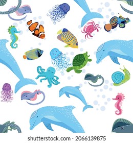 Marine life, fish, animals bright seamless pattern. sea travel, underwater diving animal tropical fish. Jellyfish, whale, shark, seahorse, clown fish, dolphin, turtle emperor fish octopus stingray
