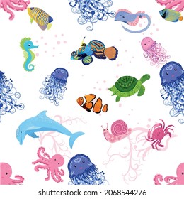 Marine life, fish, animals bright seamless pattern. sea travel, underwater diving animal tropical fish. Jellyfish, whale, shark, seahorse, clown fish, dolphin, turtle emperor fish octopus stingray