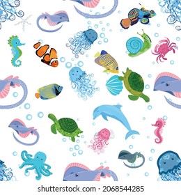 Marine life, fish, animals bright seamless pattern. sea travel, underwater diving animal tropical fish. Jellyfish, whale, shark, seahorse, clown fish, dolphin, turtle emperor fish octopus stingray