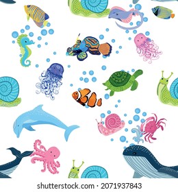 Marine life, fish, animals bright seamless pattern. sea travel, underwater diving animal tropical fish. Jellyfish, whale, shark, seahorse, clown fish, dolphin, turtle emperor fish octopus stingray