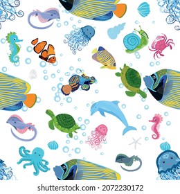 Marine life, fish, animals bright seamless pattern. sea travel, underwater diving animal tropical fish. Jellyfish, whale, shark, seahorse, clown fish, dolphin, turtle emperor fish octopus stingray