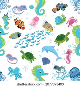 Marine life, fish, animals bright seamless pattern. sea travel, underwater diving animal tropical fish. Jellyfish, whale, shark, seahorse, clown fish, dolphin, turtle emperor fish octopus stingray