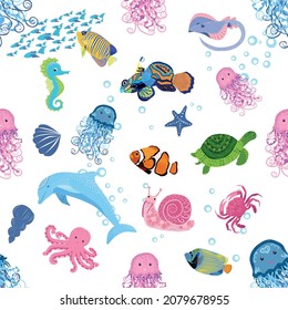 Marine life, fish, animals bright seamless pattern. sea travel, underwater diving animal tropical fish. Jellyfish, whale, shark, seahorse, clown fish, dolphin, turtle emperor fish octopus stingray