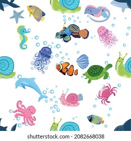 Marine life, fish, animals bright seamless pattern. sea travel, underwater diving animal tropical fish. Jellyfish, whale, shark, seahorse, clown fish, dolphin, turtle emperor fish octopus stingray