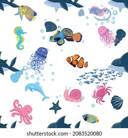 Marine life, fish, animals bright seamless pattern. sea travel, underwater diving animal tropical fish. Jellyfish, whale, shark, seahorse, clown fish, dolphin, turtle emperor fish octopus stingray