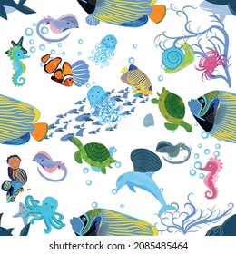 Marine life, fish, animals bright seamless pattern. sea travel, underwater diving animal tropical fish. Jellyfish, whale, shark, seahorse, clown fish, dolphin, turtle emperor fish octopus stingray