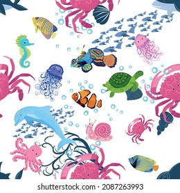 Marine life, fish, animals bright seamless pattern. sea travel, underwater diving animal tropical fish. Jellyfish, whale, shark, seahorse, clown fish, dolphin, turtle emperor fish octopus stingray