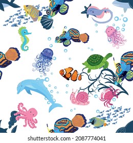 Marine life, fish, animals bright seamless pattern. sea travel, underwater diving animal tropical fish. Jellyfish, whale, shark, seahorse, clown fish, dolphin, turtle emperor fish octopus stingray