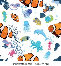 Marine life, fish, animals bright seamless pattern. sea travel, underwater diving animal tropical fish. Jellyfish, whale, shark, seahorse, clown fish, dolphin, turtle emperor fish octopus stingray