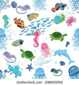 Marine life, fish, animals bright seamless pattern. sea travel, underwater diving animal tropical fish. Jellyfish, whale, shark, seahorse, clown fish, dolphin, turtle emperor fish octopus stingray