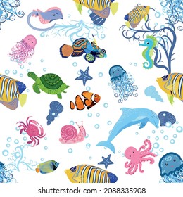 Marine life, fish, animals bright seamless pattern. sea travel, underwater diving animal tropical fish. Jellyfish, whale, shark, seahorse, clown fish, dolphin, turtle emperor fish octopus stingray