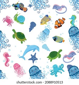 Marine life, fish, animals bright seamless pattern. sea travel, underwater diving animal tropical fish. Jellyfish, whale, shark, seahorse, clown fish, dolphin, turtle emperor fish octopus stingray