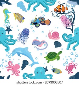 Marine life, fish, animals bright seamless pattern. sea travel, underwater diving animal tropical fish. Jellyfish, whale, shark, seahorse, clown fish, dolphin, turtle emperor fish octopus stingray