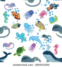 Marine life, fish, animals bright seamless pattern. sea travel, underwater diving animal tropical fish. Jellyfish, whale, shark, seahorse, clown fish, dolphin, turtle emperor fish octopus stingray