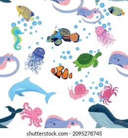 Marine life, fish, animals bright seamless pattern. sea travel, underwater diving animal tropical fish. Jellyfish, whale, shark, seahorse, clown fish, dolphin, turtle emperor fish octopus stingray