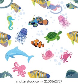 Marine life, fish, animals bright seamless pattern. sea travel, underwater diving animal tropical fish. Jellyfish, whale, shark, seahorse, clown fish, dolphin, turtle emperor fish octopus stingray