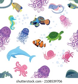 Marine life, fish, animals bright seamless pattern. sea travel, underwater diving animal tropical fish. Jellyfish, whale, shark, seahorse, clown fish, dolphin, turtle emperor fish octopus stingray