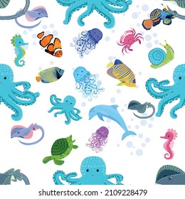 Marine life, fish, animals bright seamless pattern. sea travel, underwater diving animal tropical fish. Jellyfish, whale, shark, seahorse, clown fish, dolphin, turtle emperor fish octopus stingray