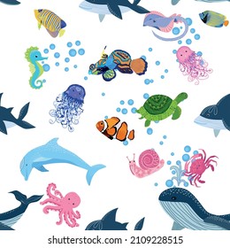 Marine life, fish, animals bright seamless pattern. sea travel, underwater diving animal tropical fish. Jellyfish, whale, shark, seahorse, clown fish, dolphin, turtle emperor fish octopus stingray